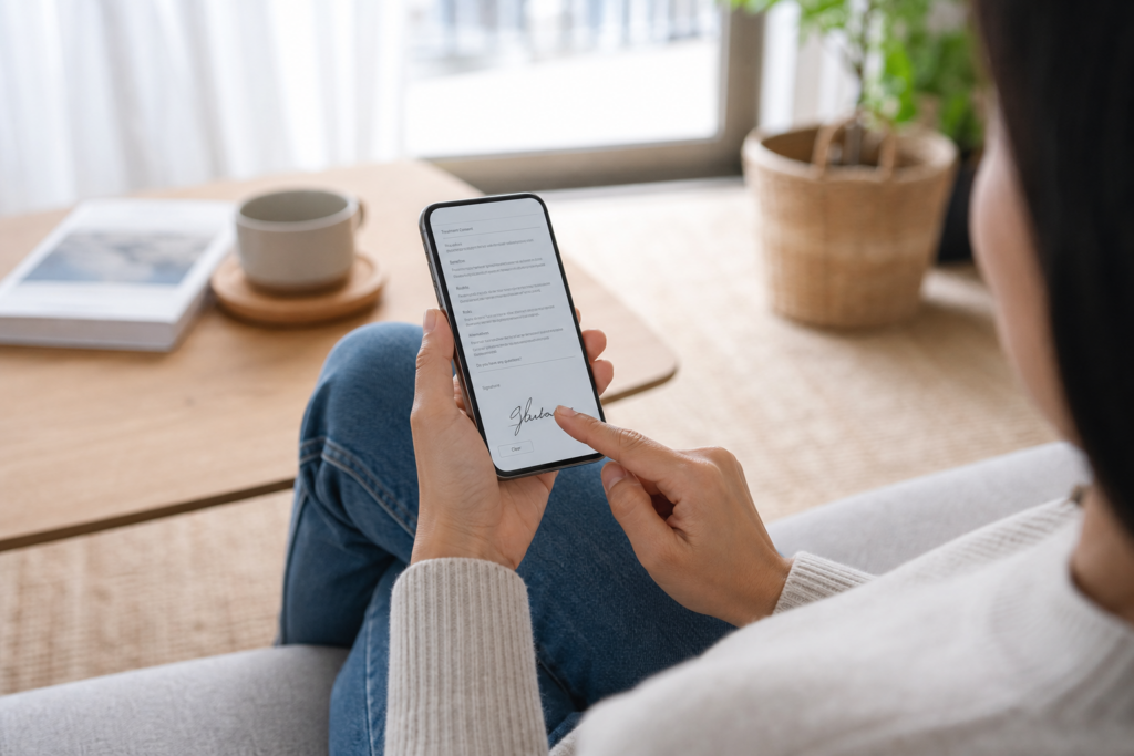 Patient signing an automated medical consent form on a smartphone before a check-in at a private practice