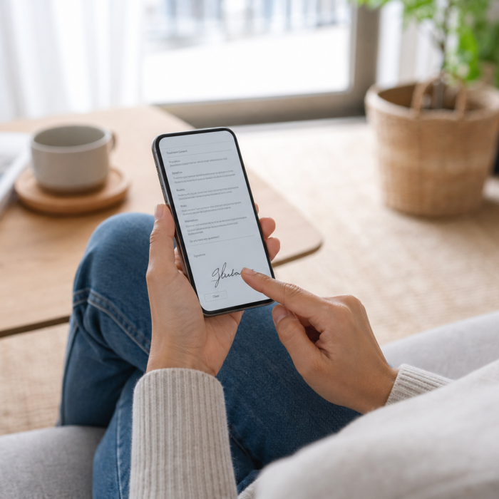 Patient signing an automated medical consent form on a smartphone before a check-in at a private practice