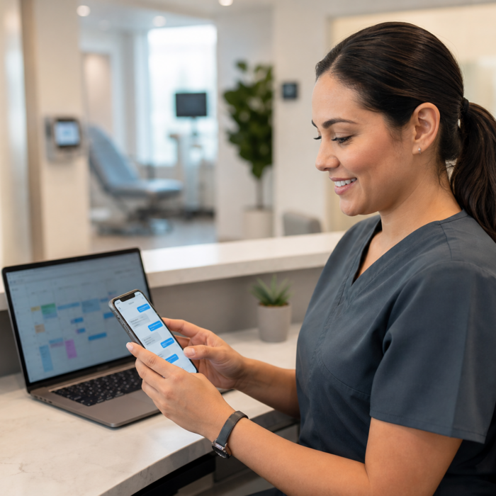 Medical front desk staff using two-way SMS scheduling on a smartphone next to a laptop calendar
