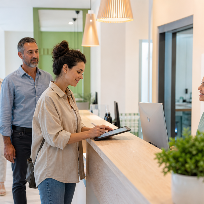 Patient using automated digital intake at a medical practice front desk for faster check-in