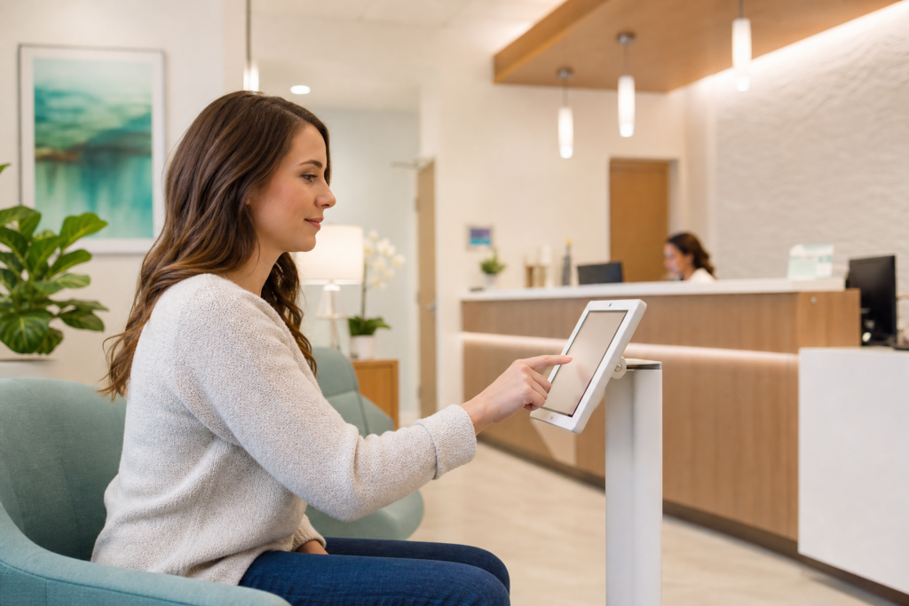 Patient completing digital intake forms on a tablet in a medical practice waiting room
