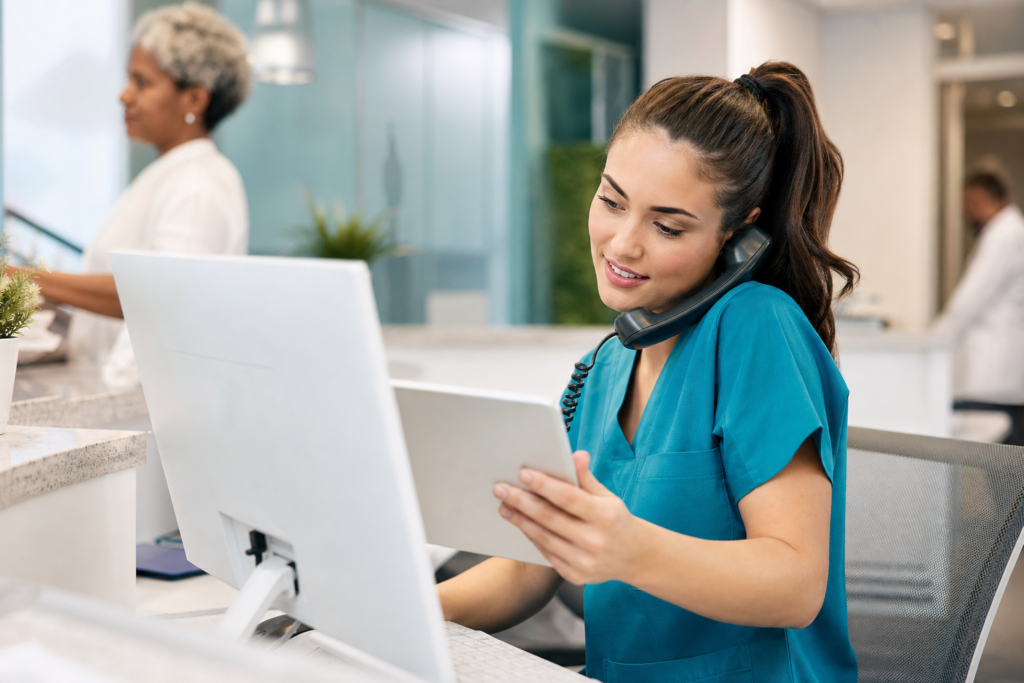 Medical practice front desk staff managing omnichannel patient communication on phone and computer
