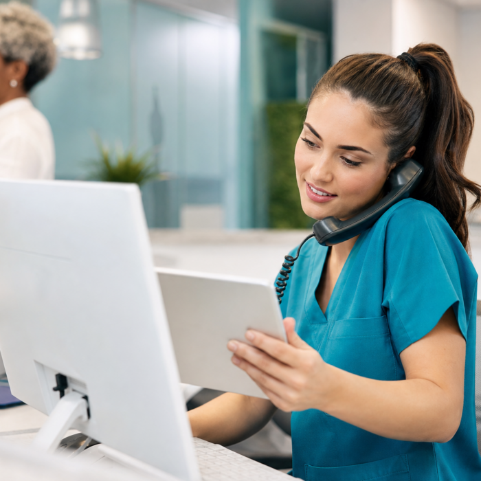 Medical practice front desk staff managing omnichannel patient communication on phone and computer