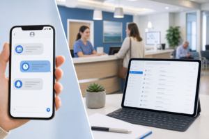 Smartphone showing SMS appointment reminders next to tablet with patient outreach email in a medical practice setting