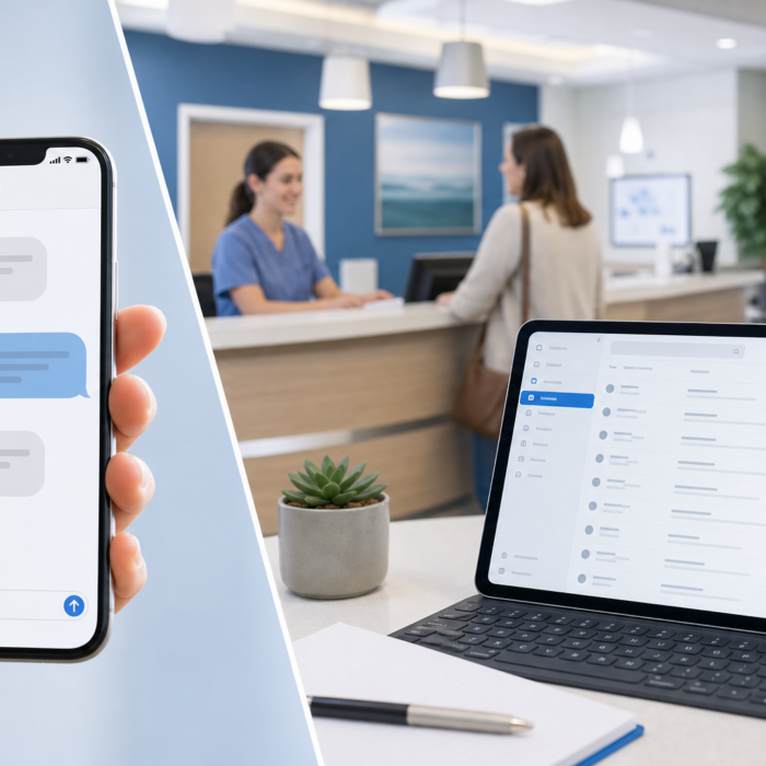 Smartphone showing SMS appointment reminders next to tablet with patient outreach email in a medical practice setting