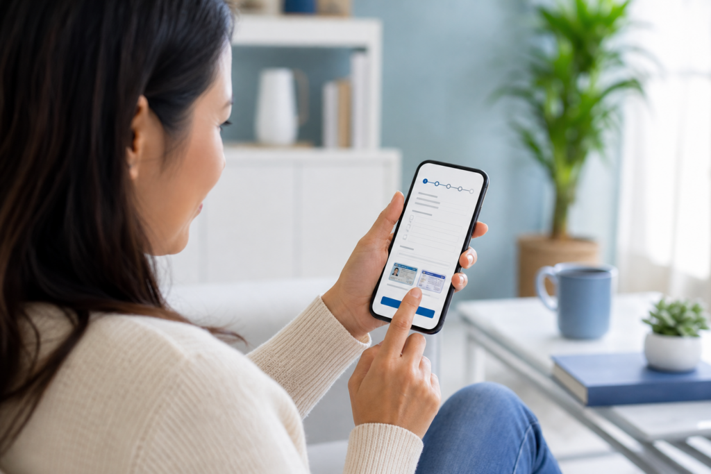 Patient completing pre-visit digital intake with insurance card and demographics on a smartphone before a medical appointment