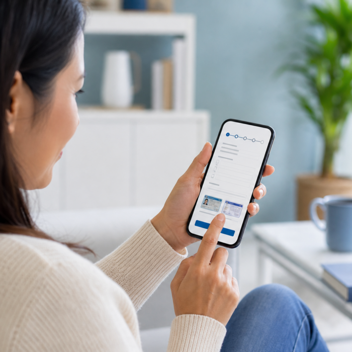 Patient completing pre-visit digital intake with insurance card and demographics on a smartphone before a medical appointment