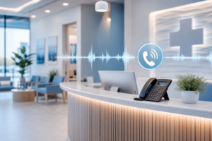 Modern medical office phone scheduling with voice AI call flow concept
