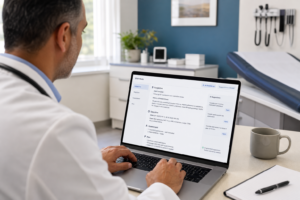 Physician reviewing AI-generated visit notes on a laptop before signing in a private practice exam room