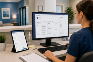 Medical practice staff reviewing digital patient intake data syncing to Athena Health EHR on desktop and tablet