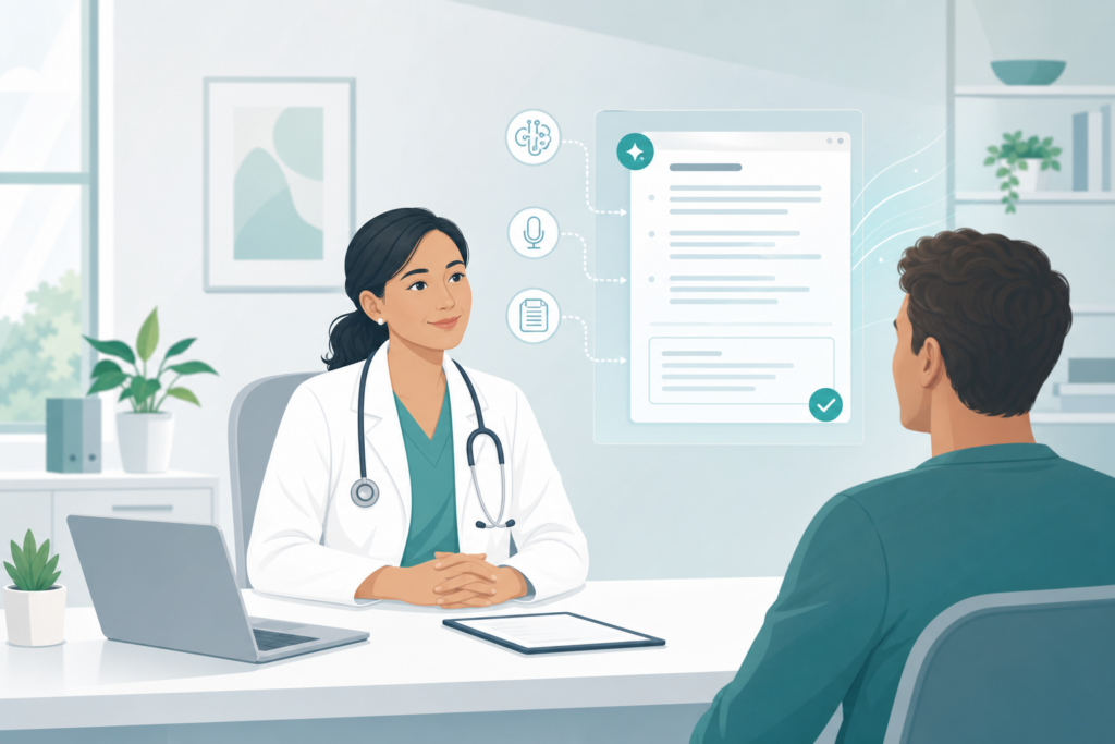 Physician facing a patient while an AI tool drafts the clinical note, reducing documentation burden