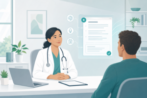 Physician facing a patient while an AI tool drafts the clinical note, reducing documentation burden