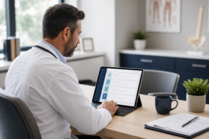Physician reviewing SOAP note clinical documentation for patient care and compliance at a medical practice