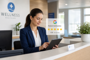 Medical practice office manager reviewing patient satisfaction and Google review metrics on a tablet at the front desk