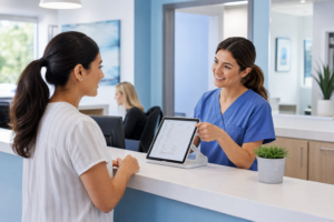 Medical practice front desk staff helping patient complete digital intake forms on tablet