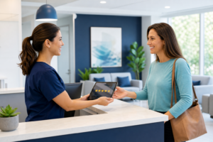 Medical practice staff helping a patient with a digital review request on a tablet
