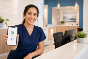 Medical practice front desk sending a HIPAA-safe Google review request by smartphone after a patient visit