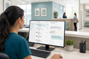 Medical practice staff reviewing AI-routed patient messages on a dashboard at the front desk