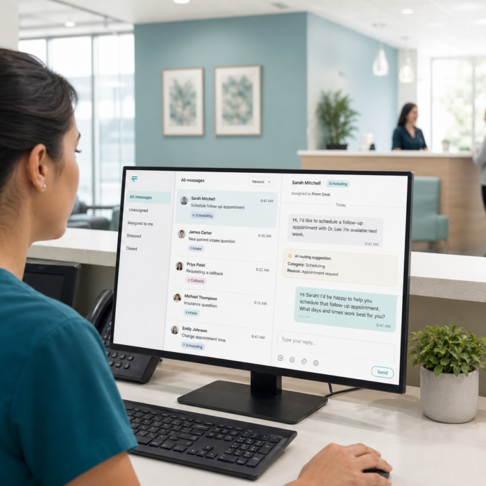 Medical practice staff reviewing AI-routed patient messages on a dashboard at the front desk
