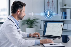 Physician reviewing EHR documentation with AI scribe support in a medical office