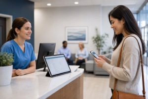 Patient completing digital intake on tablet at a medical practice front desk