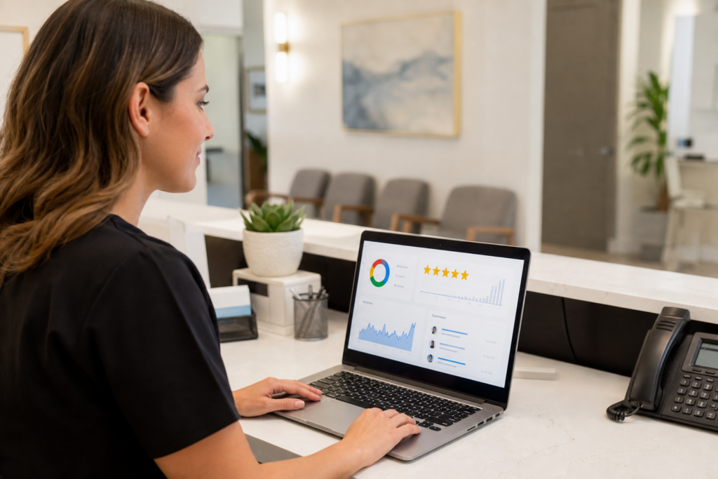 Medical practice administrator reviewing patient Google review generation dashboard on laptop