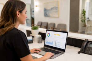 Medical practice administrator reviewing patient Google review generation dashboard on laptop