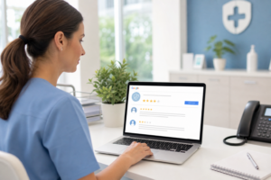 Medical practice administrator reviewing Google patient reviews on a laptop in a clinic office