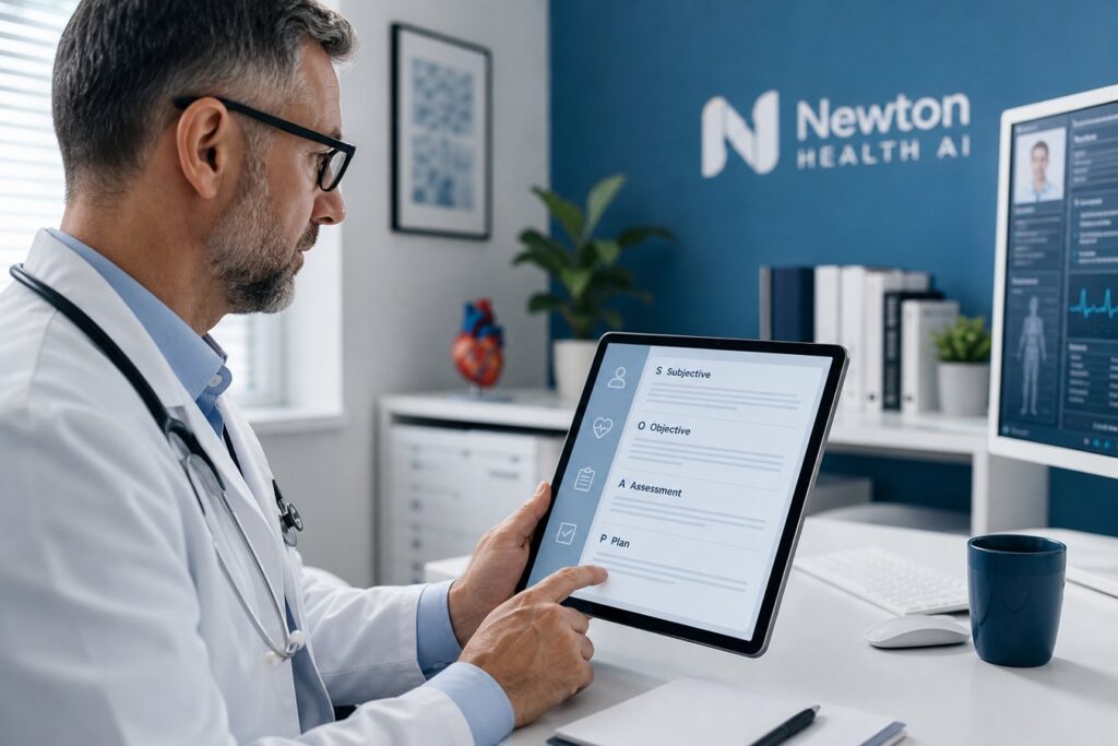 Physician reviewing structured SOAP note sections on a monitor in a medical practice