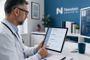 Physician reviewing structured SOAP note sections on a monitor in a medical practice