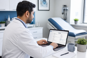 Physician reviewing structured SOAP clinical notes on a laptop in a private practice exam room