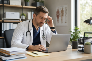 Physician at a desk reviewing clinical SOAP notes on a laptop in a medical office