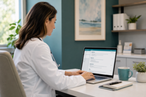 Physician in private practice documenting a SOAP note on laptop in modern clinic