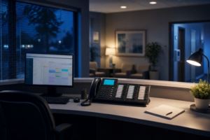After-hours medical practice phone coverage with schedule system at empty front desk