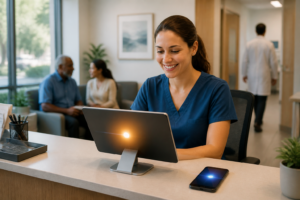 Medical practice front desk with digital appointment confirmation notifications on phone and tablet
