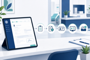 Automated patient intake system diagram showing pre-visit forms, consent capture, EHR mapping, and staff exception queue for private medical practices
