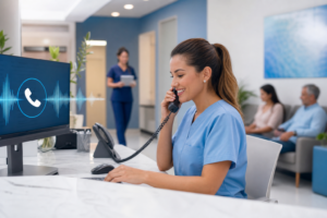 Medical practice administrator evaluating voice AI appointment scheduling on office phone system