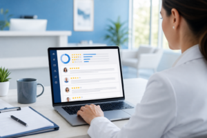 Medical practice administrator monitoring patient Google reviews on laptop dashboard