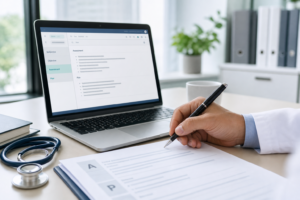 Physician reviewing Assessment and Plan sections in a SOAP note on an EHR laptop