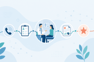 Illustration showing the connected patient journey from phone call to intake, visit, documentation, and reviews on the Newton platform