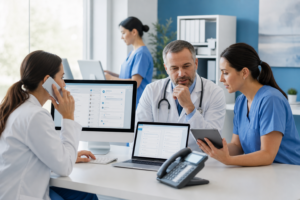 Medical practice team coordinating omnichannel patient communication across phone, SMS, and email