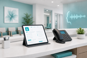 Medical practice front desk with a tablet showing a digital intake form and a phone, representing patient intake and voice AI automation