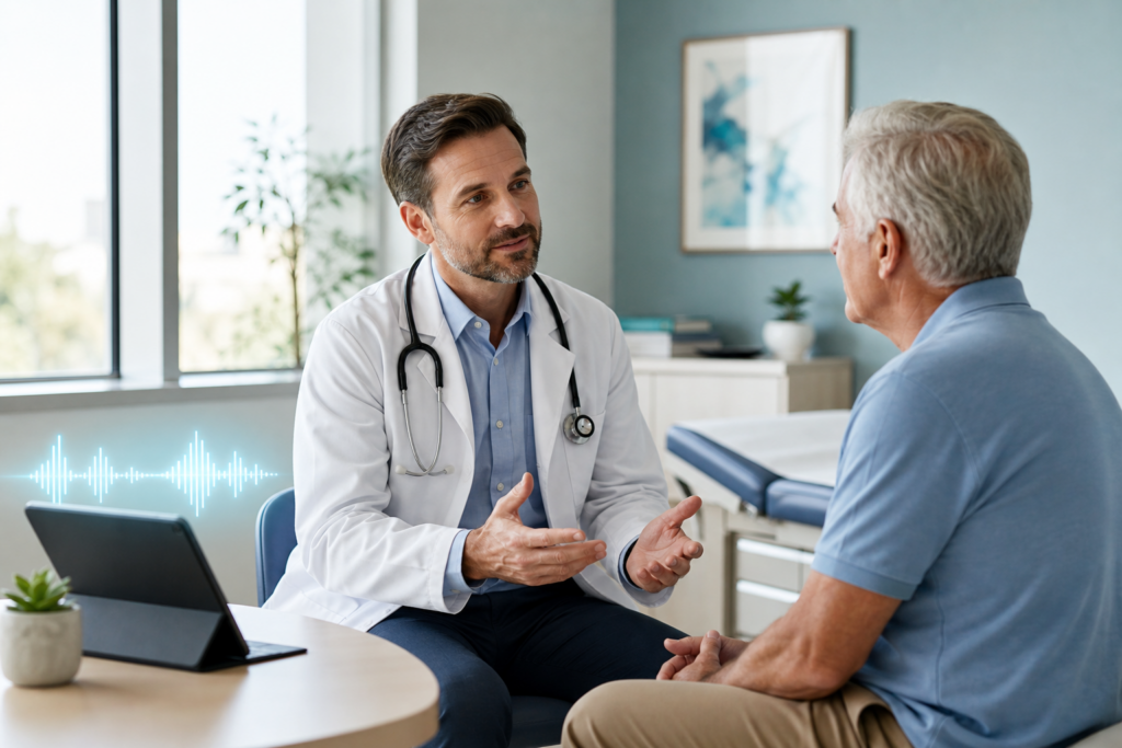 Physician discussing care with a patient while Scribe AI ambiently captures the visit conversation for documentation