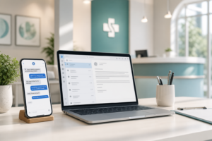 Smartphone and laptop on a medical front desk showing two-way patient SMS and email follow-up