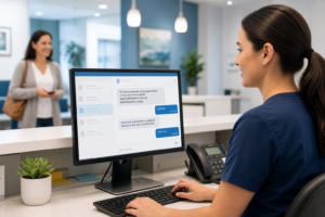 Medical practice front desk managing two-way SMS patient texting workflows