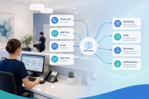 AI routing patient phone calls, SMS, email, and chat for a medical practice