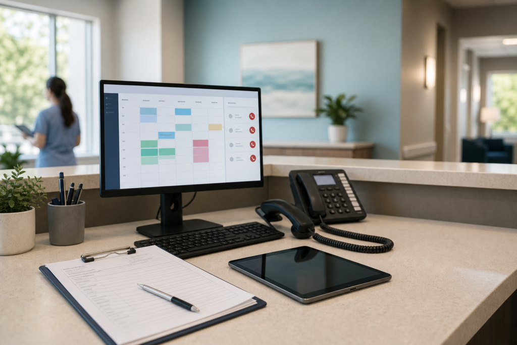 Medical practice front desk showing phones and intake tools that reveal daily revenue leaks