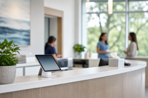 Front desk of a private medical practice with a tablet for patient review requests