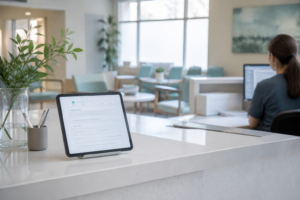 Front desk tablet for digital patient intake in a modern medical clinic