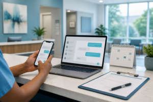 Medical practice team using a phone and laptop to manage a two-way patient messaging workflow